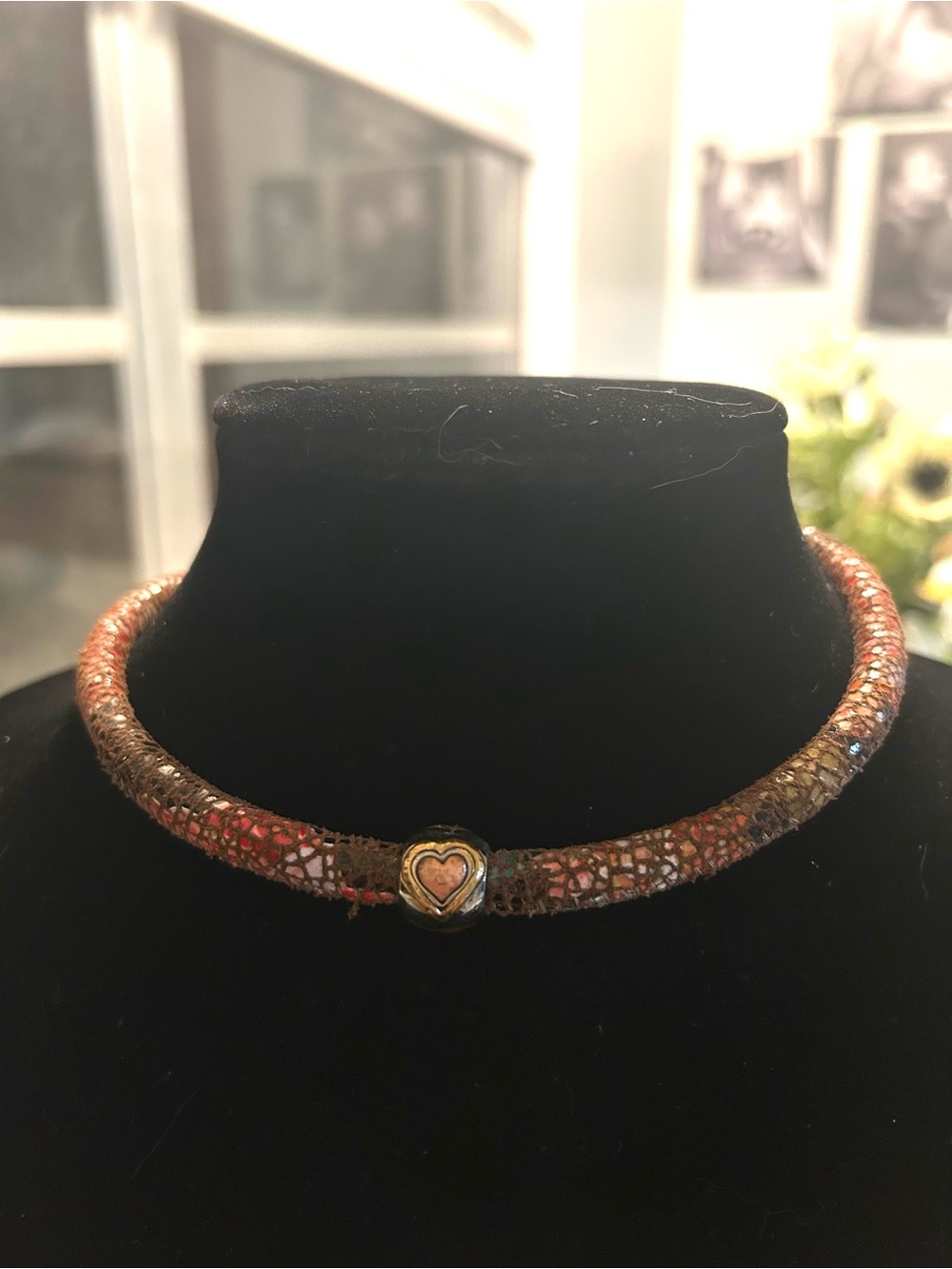 Brighton Woodstock Collection leather choker necklace, w/heart slider charm.